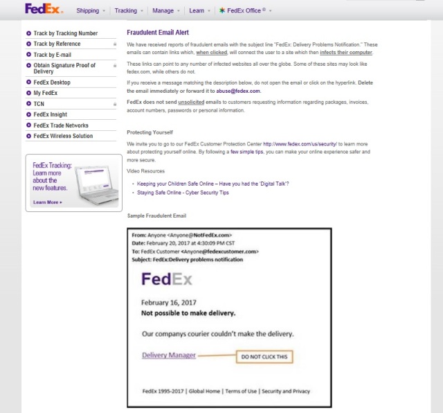 FedEx Website for Fraudulent email alert
